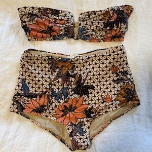 Ulla Johnson Floral Bandeau Bikini Set in Orange, Blue, Cream